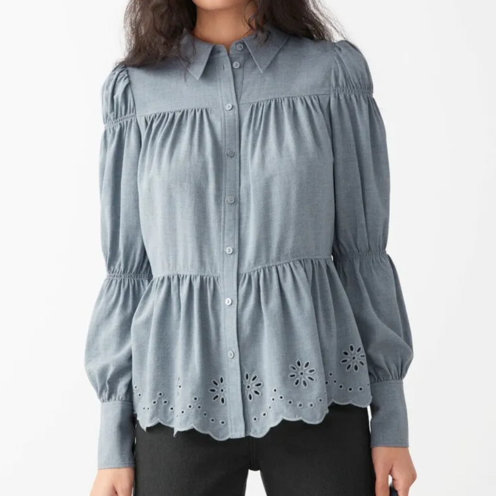 & Other Stories Tiered Broderie Blouse Shirt, Size 10 (EUR 40), Like New